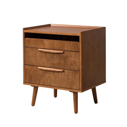 Mid-century modern wooden nightstand with two drawers and an open shelf, resting on four angled legs.