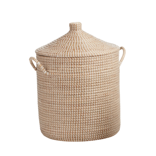 Large beige woven basket with a lid and handles on each side.