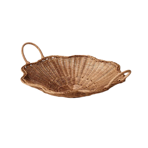 A wicker basket with handles, featuring a small mirror attached to its side.