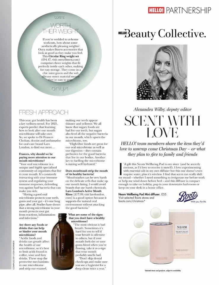 A magazine layout featuring a circular Onyx jewelry box, an article about gut health and microbiome, and a Black and white photo of Alexandra Wilby, deputy editor of Beauty Collective, with a product promotion for Neom Wellbeing Pod Mini diffuser.