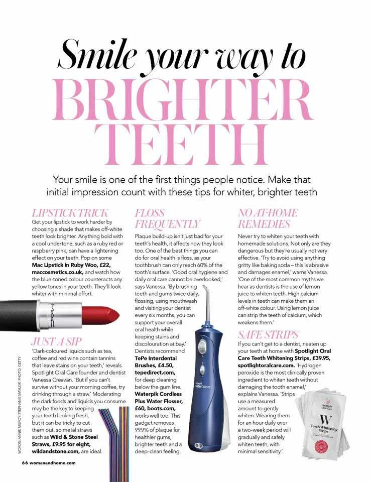 Inspirational quote about smiling and brighter teeth with tips for whitening teeth, including lipstick trick, floss frequently, and no at-home remedies, along with product images of a red lipstick, electric toothbrush, Waterpik water flosser, and teeth whitening strips.