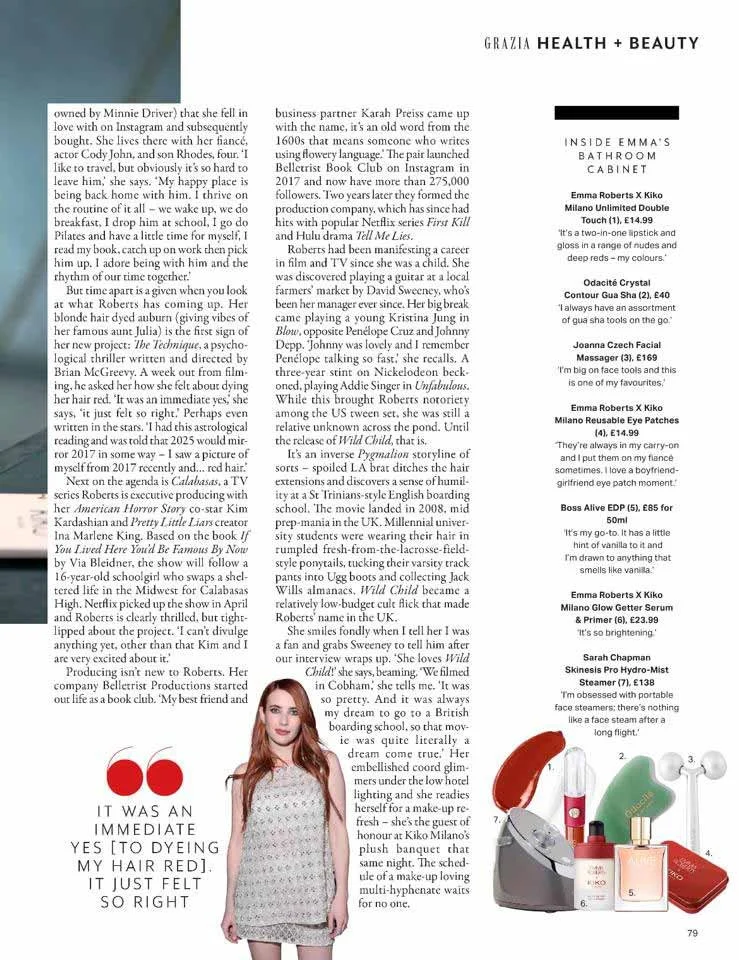 Page from Grazia magazine featuring health and beauty product reviews, a section about Emma Roberts, and a photo of a young woman with red hair wearing a white lace dress.