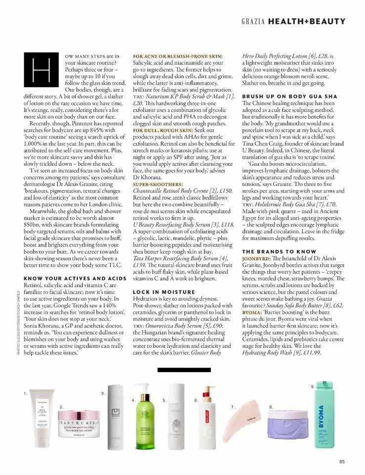 Page from a health and beauty magazine featuring skincare tips, product recommendations, and images of skincare products and tools.