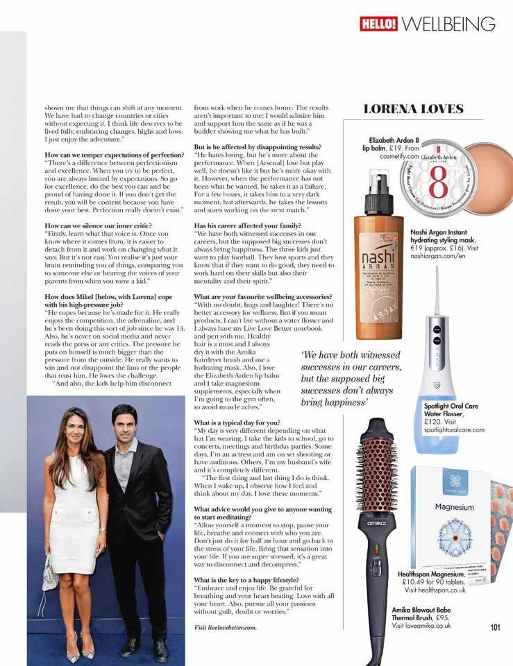 Magazine page with interview of Lorena Loves, featuring her photo, beauty product images including a skincare balm and hydrating spray, an oral water flosser, and a magnesium supplement, along with text about wellbeing and lifestyle.
