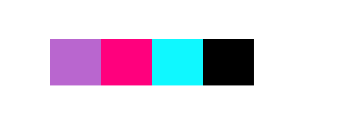 Horizontal rows of color blocks: purple, pink, cyan, black, white.