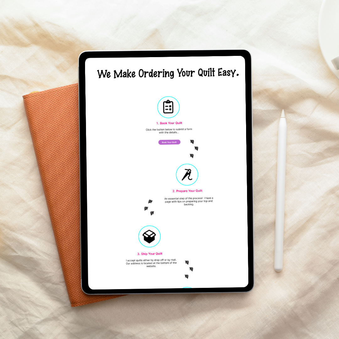 Tablet displaying a quilting order process, on a light fabric surface with an orange notebook and white stylus nearby.