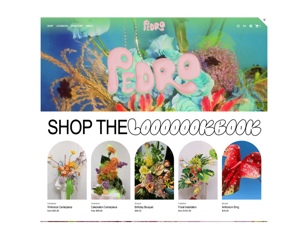 A floral shop website homepage featuring colorful flower arrangements and bouquets, with navigation options at the top and a large, playful pink logo reading 'PEDRO' at the center.