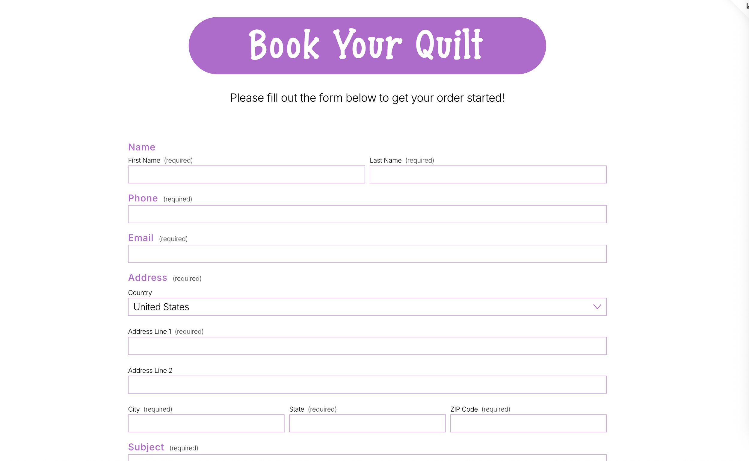 Online form titled 'Book Your Quilt' with purple header, prompting users to fill out personal information to place an order, including fields for name, phone, email, address, city, state, ZIP code, and subject.
