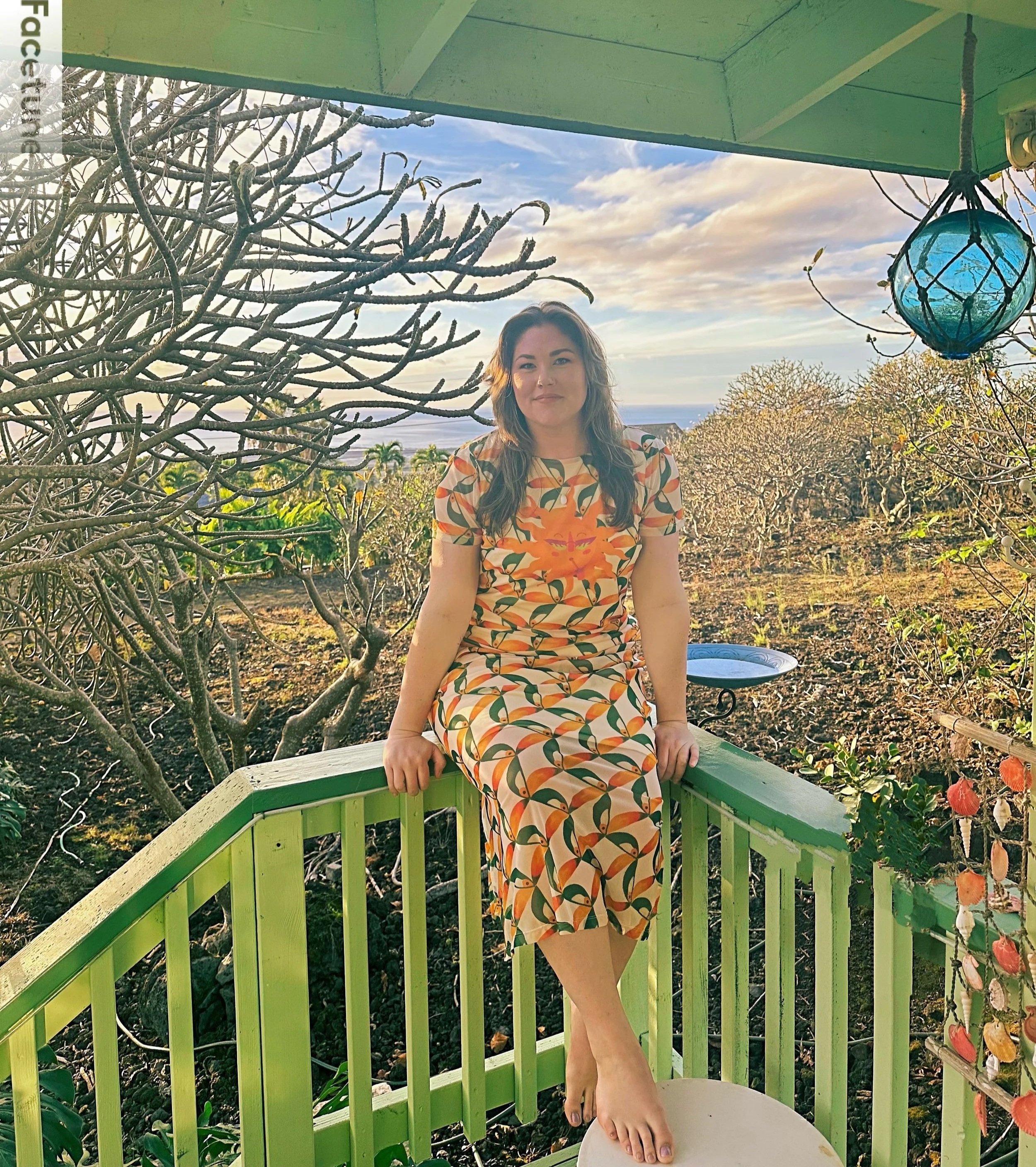 A woman in a colorful patterned dress sitting on a bright green railing on a porch, with a garden and trees in the background during late afternoon sky.