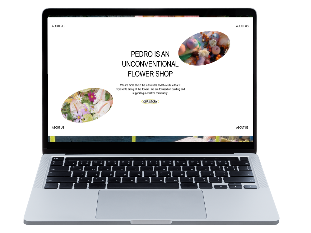 Laptop screen displaying the homepage of PEDRO flower shop with text about being an unconventional flower shop, showing images of colorful flowers, and navigation links labeled 'ABOUT US'.