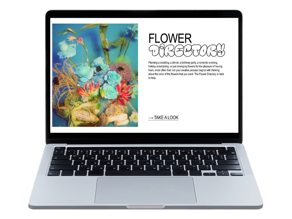 Open laptop displaying a webpage titled "Flower Decorator" with a picture of a colorful floral arrangement featuring blue, pink, and green flowers, and an introductory paragraph about flower decorating for events.