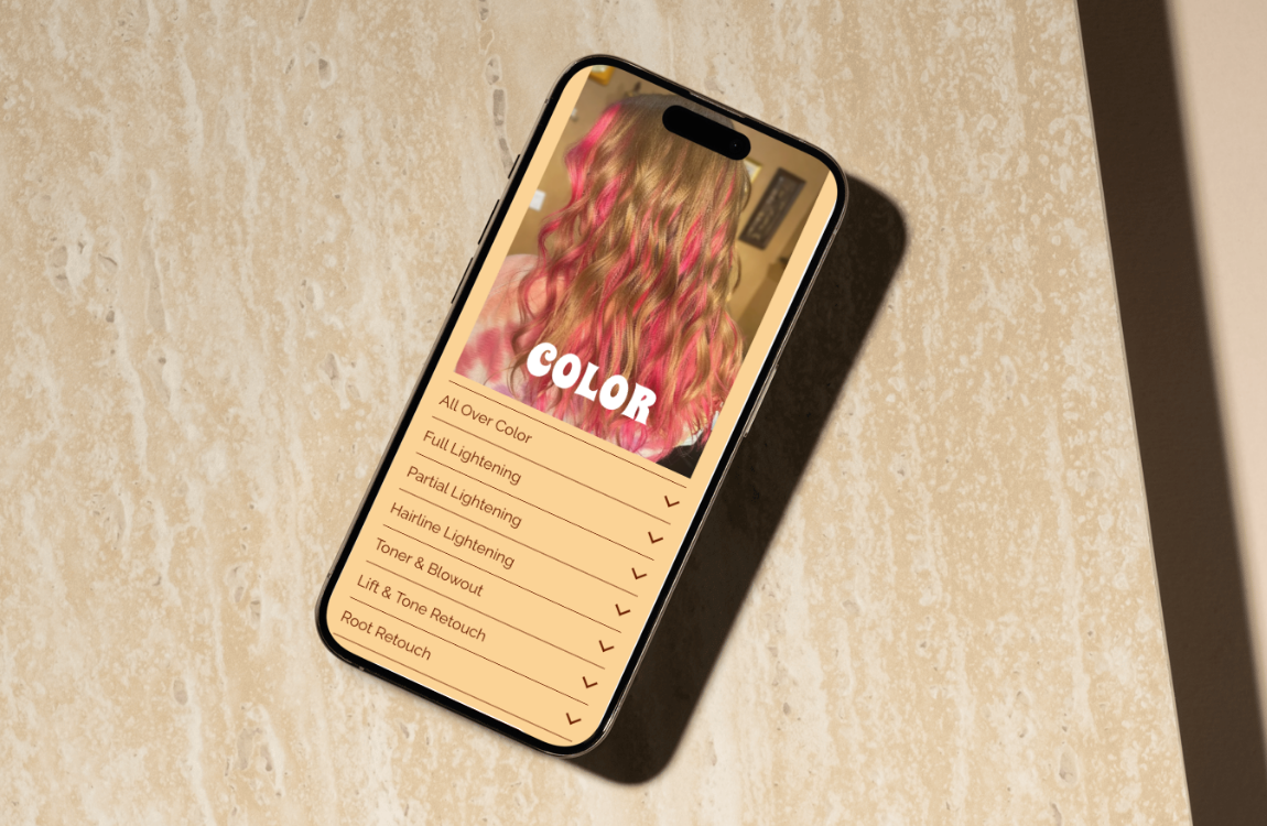 Smartphone with a hair color editing app open, showing a photo of wavy blonde hair with pink highlights, and menu options for hair coloring and lightening adjustments.