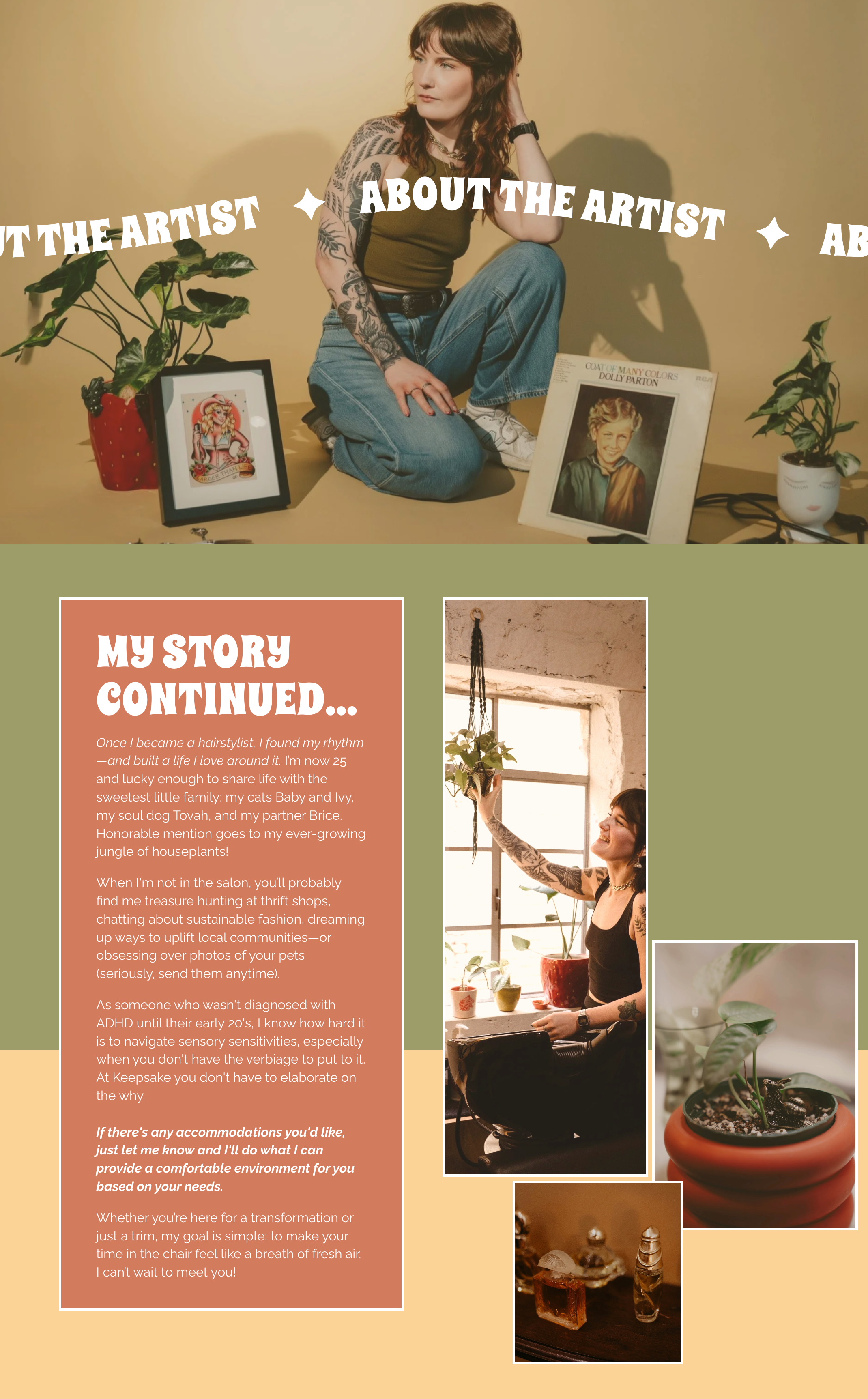 A woman with tattoos and brown hair, sitting on the floor surrounded by plants and framed artwork, with a yellow background and overlaid text about her story and love for plants and pets.