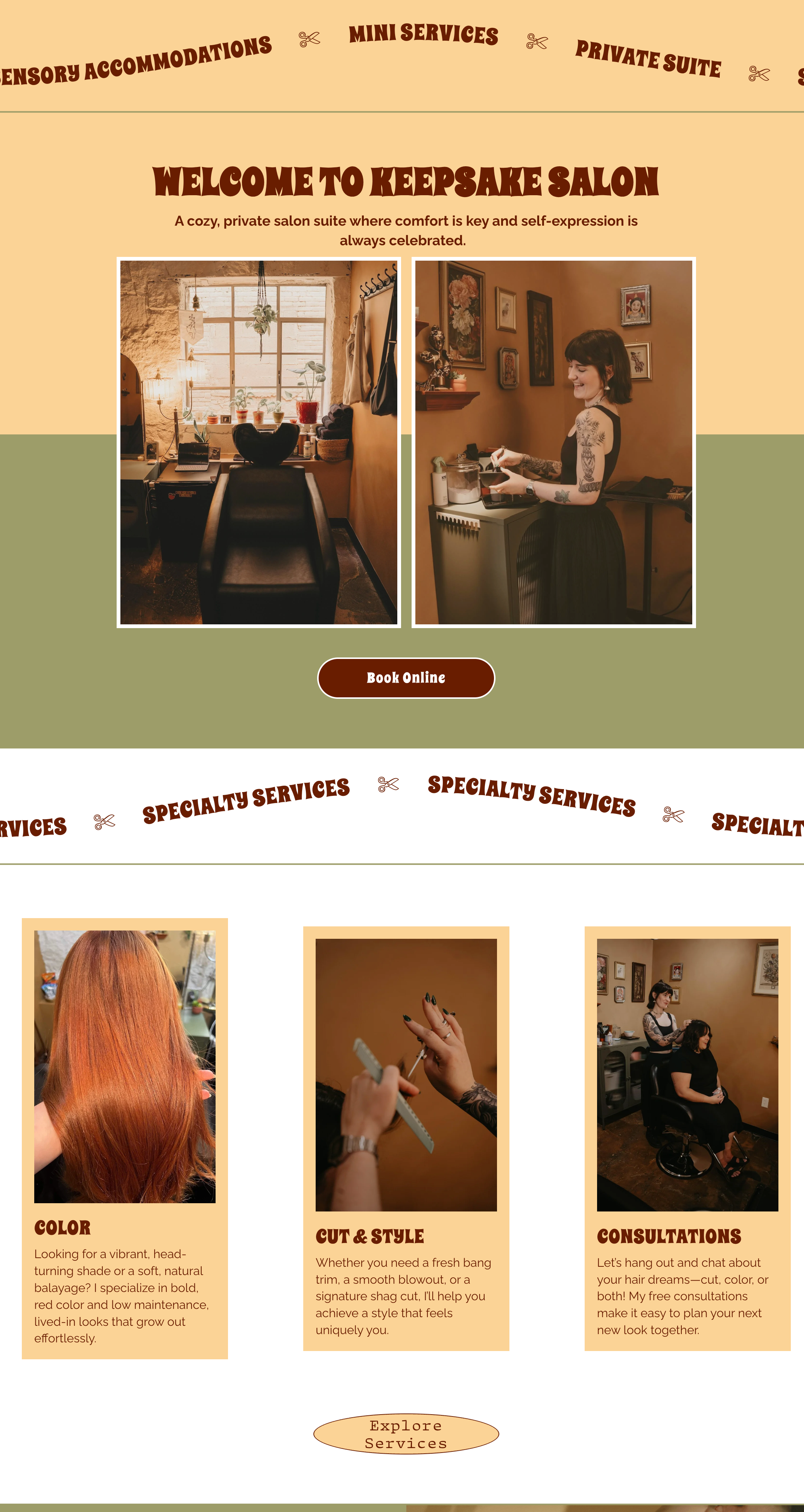 A webpage layout for Keepsake Salon featuring a welcome message, two photos of a salon interior and stylist, and sections describing services like color, cut and style, and consultations.