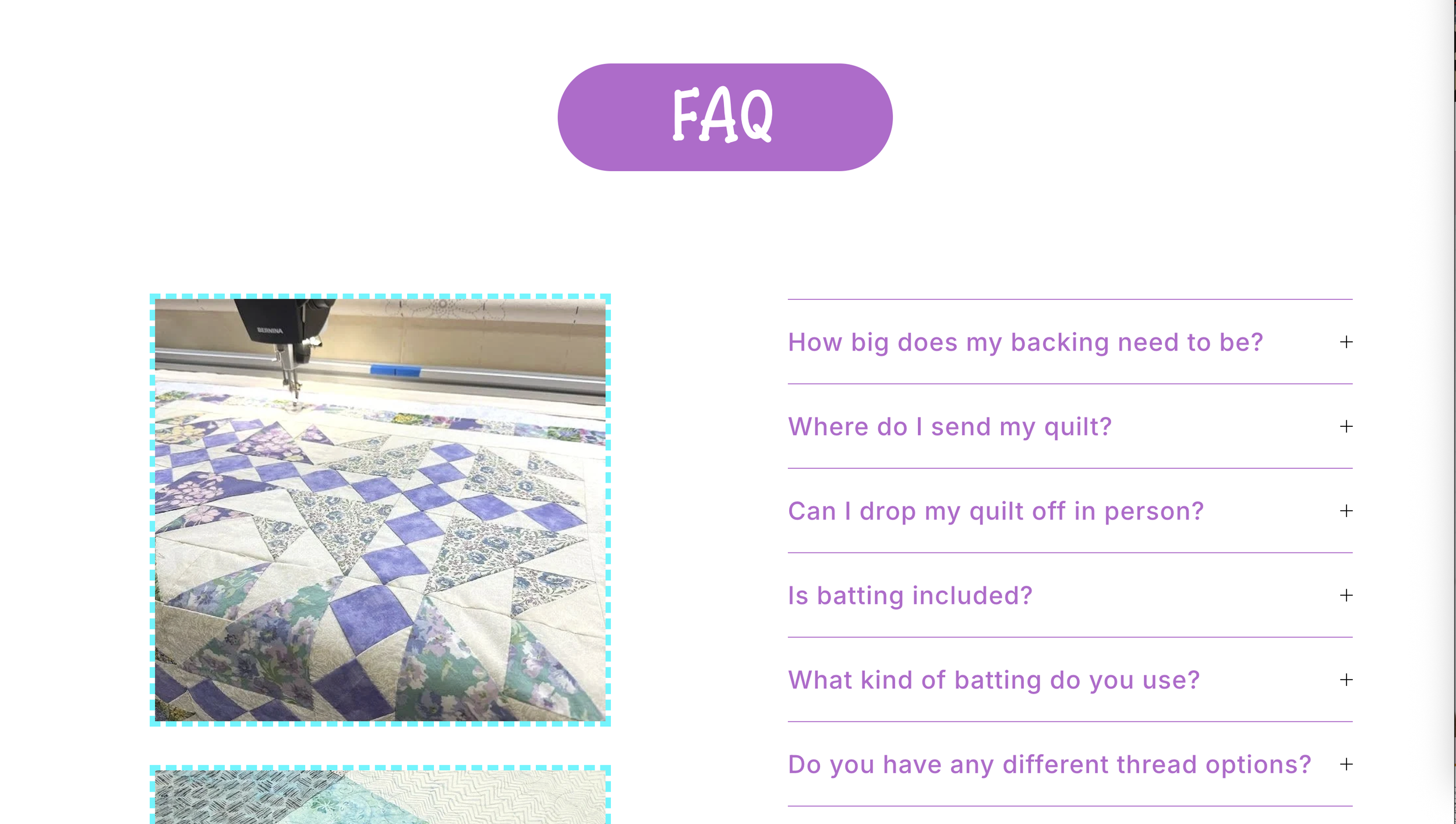 A quilting machine sewing a quilt on a frame with a purple FAQ header on a website.