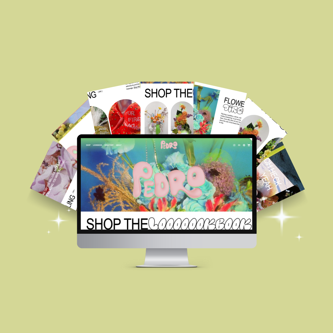 A computer monitor displaying a colorful floral website with the text "Pedro" and other decorative elements. Surrounding the monitor are pages or images related to flowers, bouquets, and floral arrangements, set against a light green background with sparkle effects.