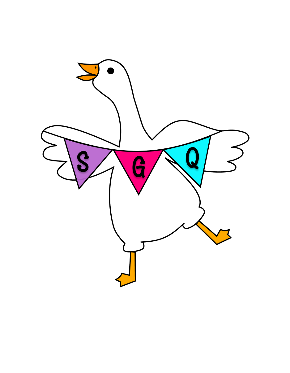 Illustration of a dancing goose with a colorful banner across its chest reading 'S G Q' on a black background.