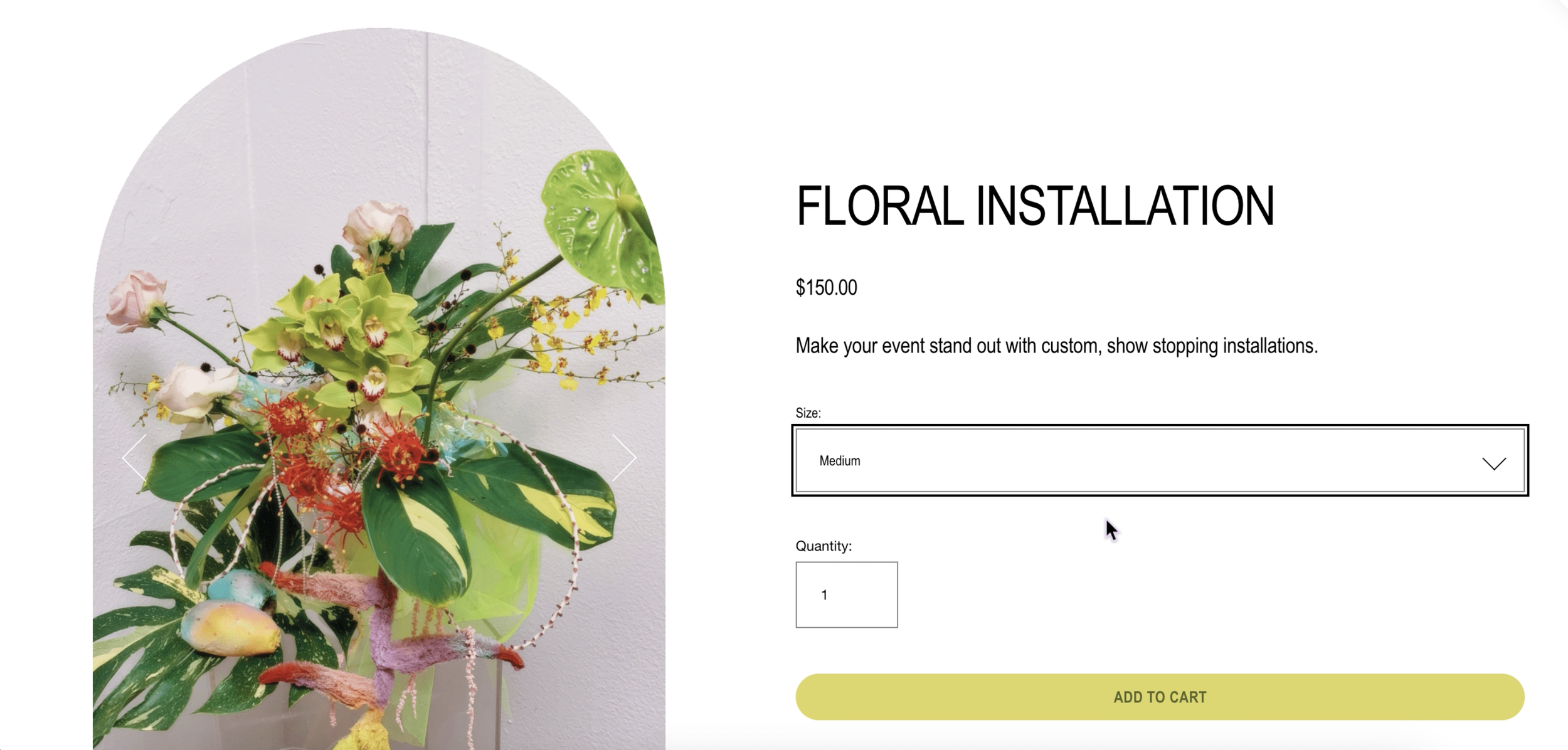 Colorful floral arrangement with green leaves and various flowers in a display, part of an online floral installation product page.
