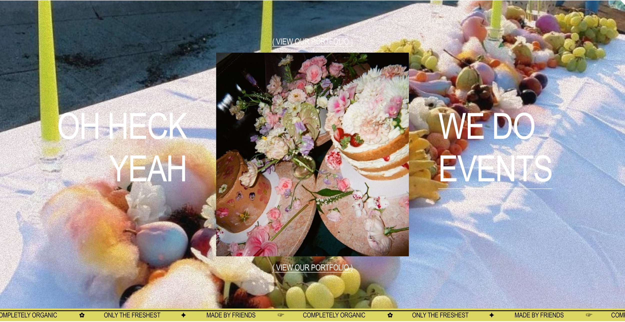 A party table with balloons, fruit, and a cake decorated with flowers, with overlaid text promoting event services and a portfolio link.