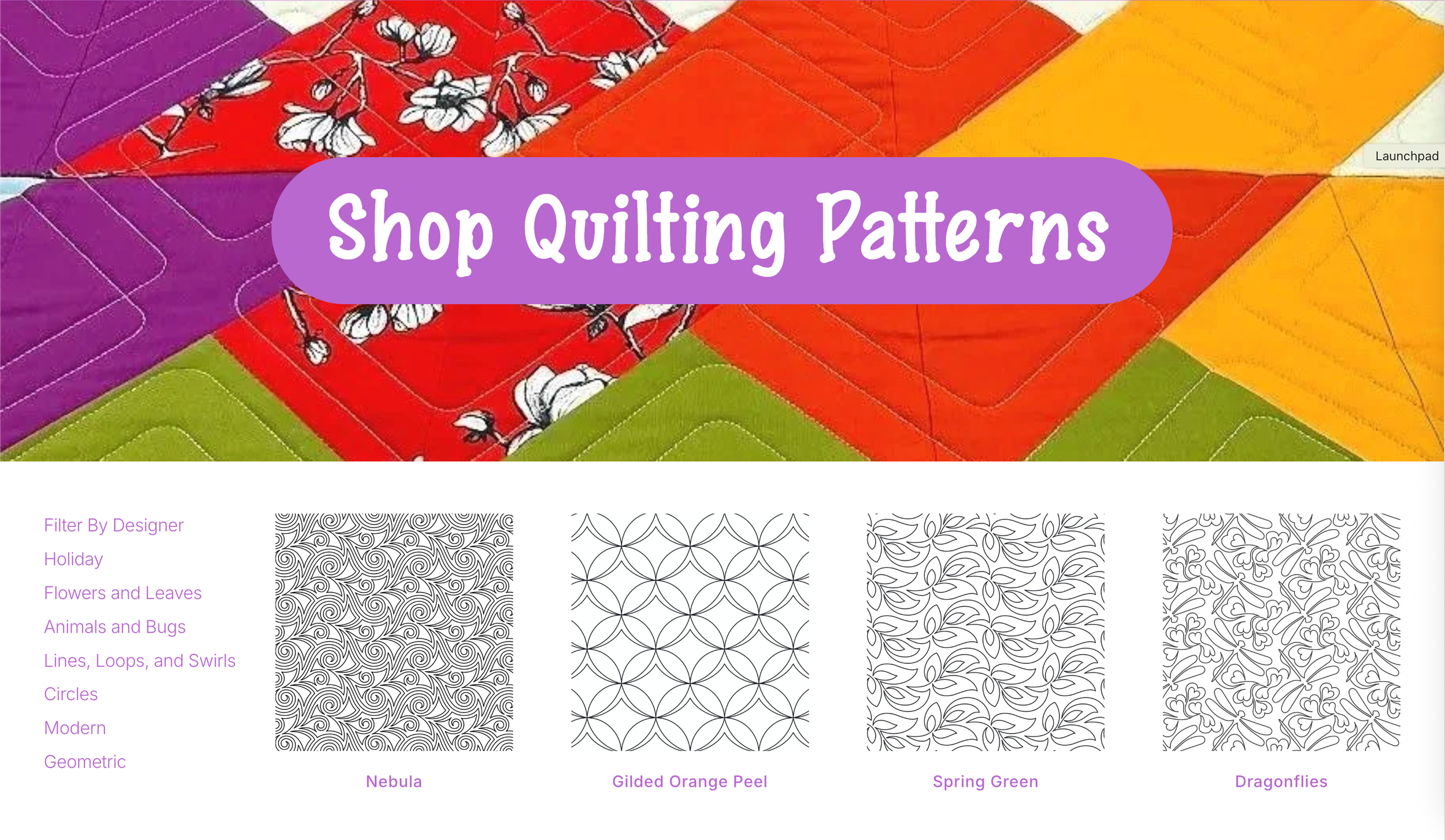 Colorful quilting fabric swatches with a purple banner in the center reading "Shop Quilting Patterns," and small images of four black-and-white quilting pattern designs titled Nebula, Gilded Orange Peel, Spring Green, and Dragonflies.