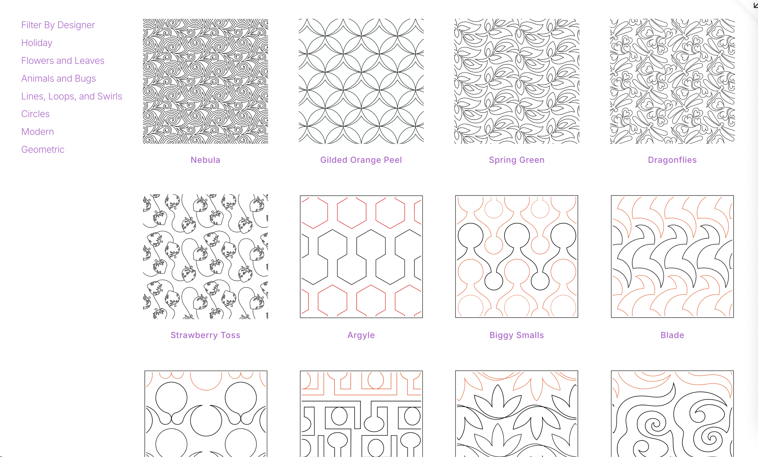 A collection of black and white geometric line patterns with purple labels underneath each pattern. Patterns include nebula, gilded orange peel, spring green, dragonflies, strawberry toss, argyle, biggy smalls, and blade.