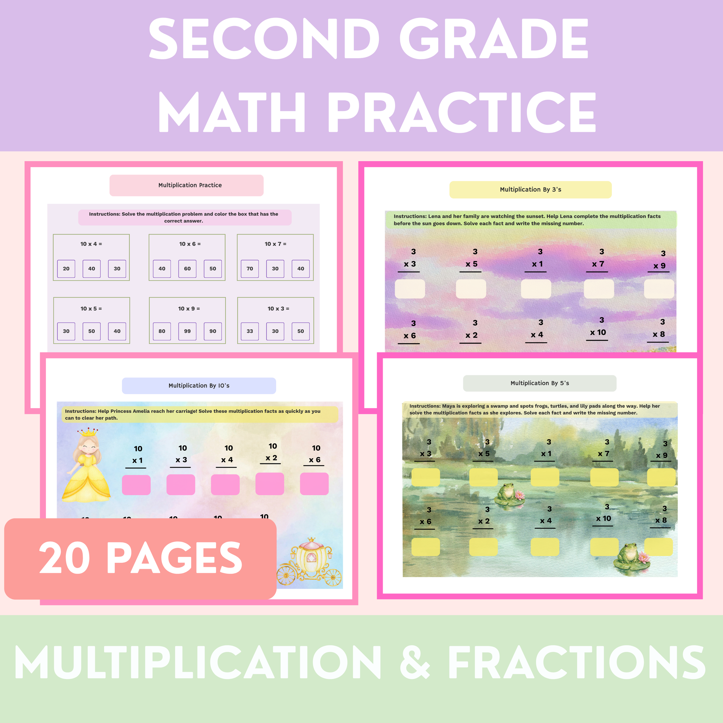 2nd Grade Multiplication & Fractions Practice Pack