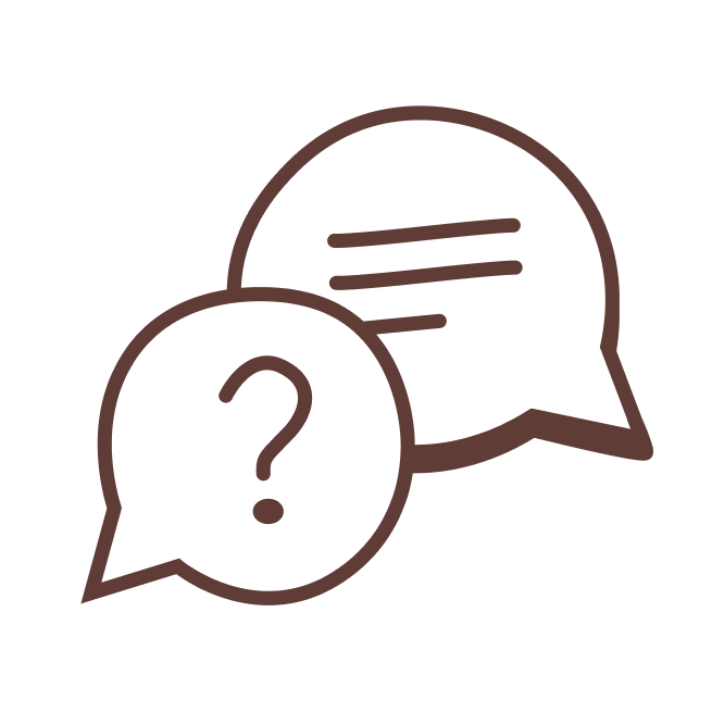 Two overlapping speech bubbles, one with a question mark, indicating conversation or questioning.