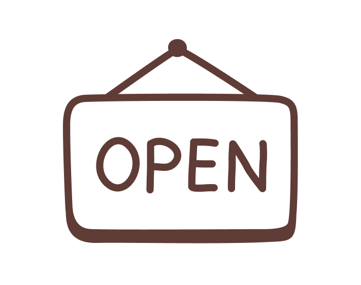 A brown illustration of an open sign hanging on a wall.