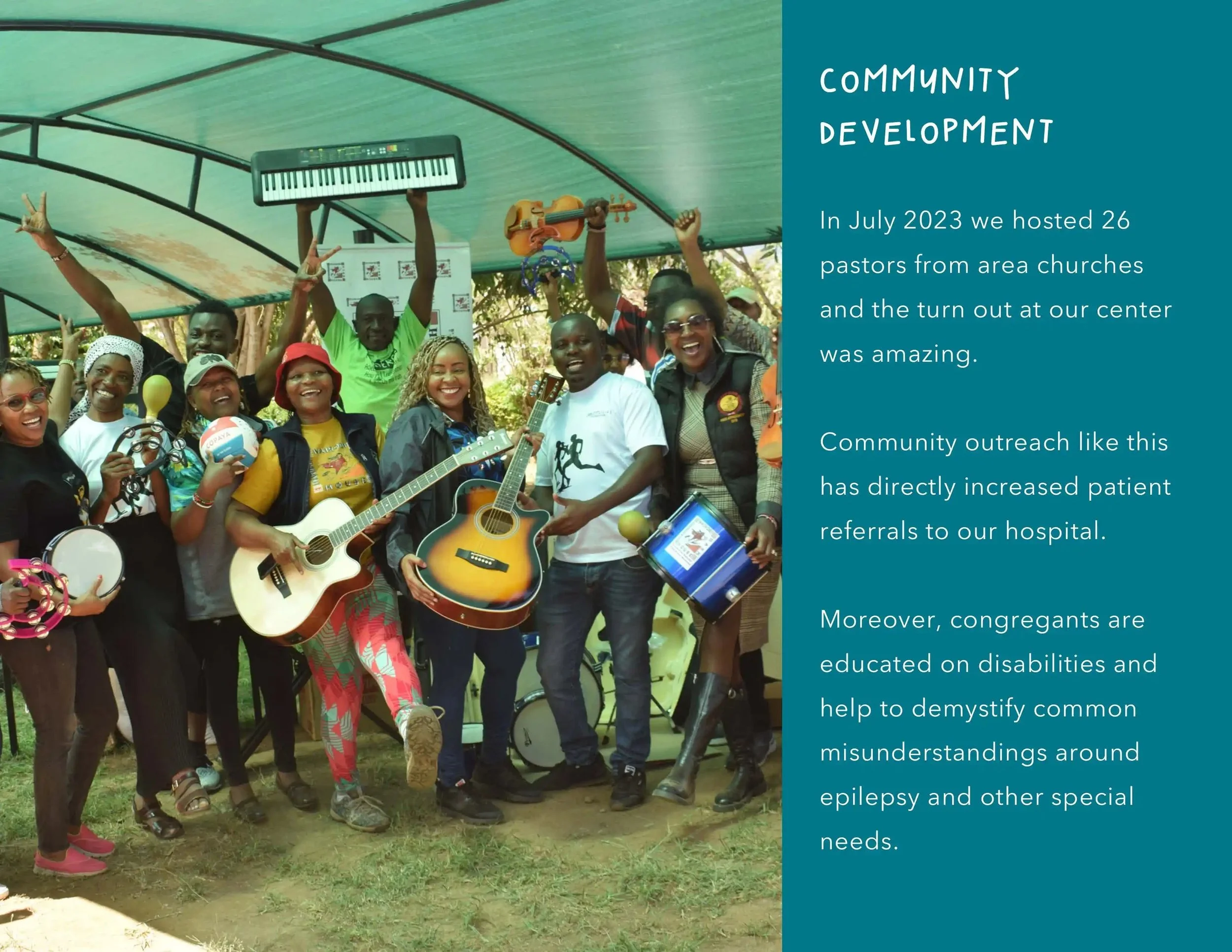 Group of diverse people outdoors under a canopy, playing musical instruments and smiling during a community event, with a blue text box outlining community development achievements.