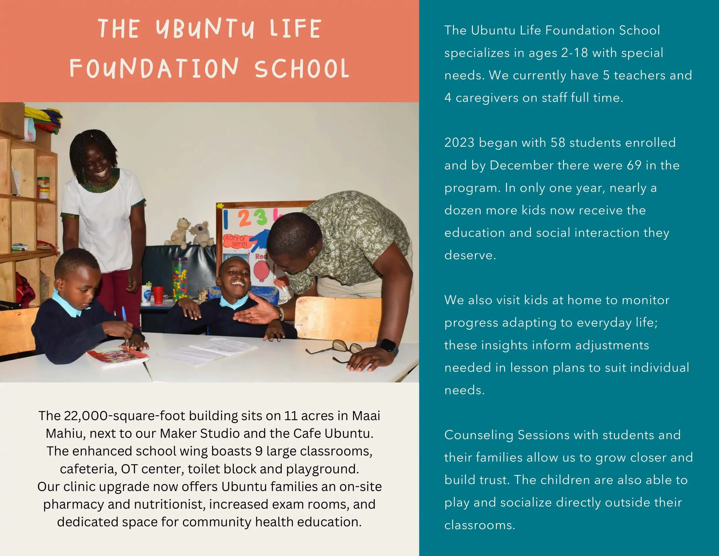 Photo of a teacher and students in a classroom at The Ubuntu Life Foundation School, with educational posters and shelves in the background, and a text overlay describing the school's mission and facilities.