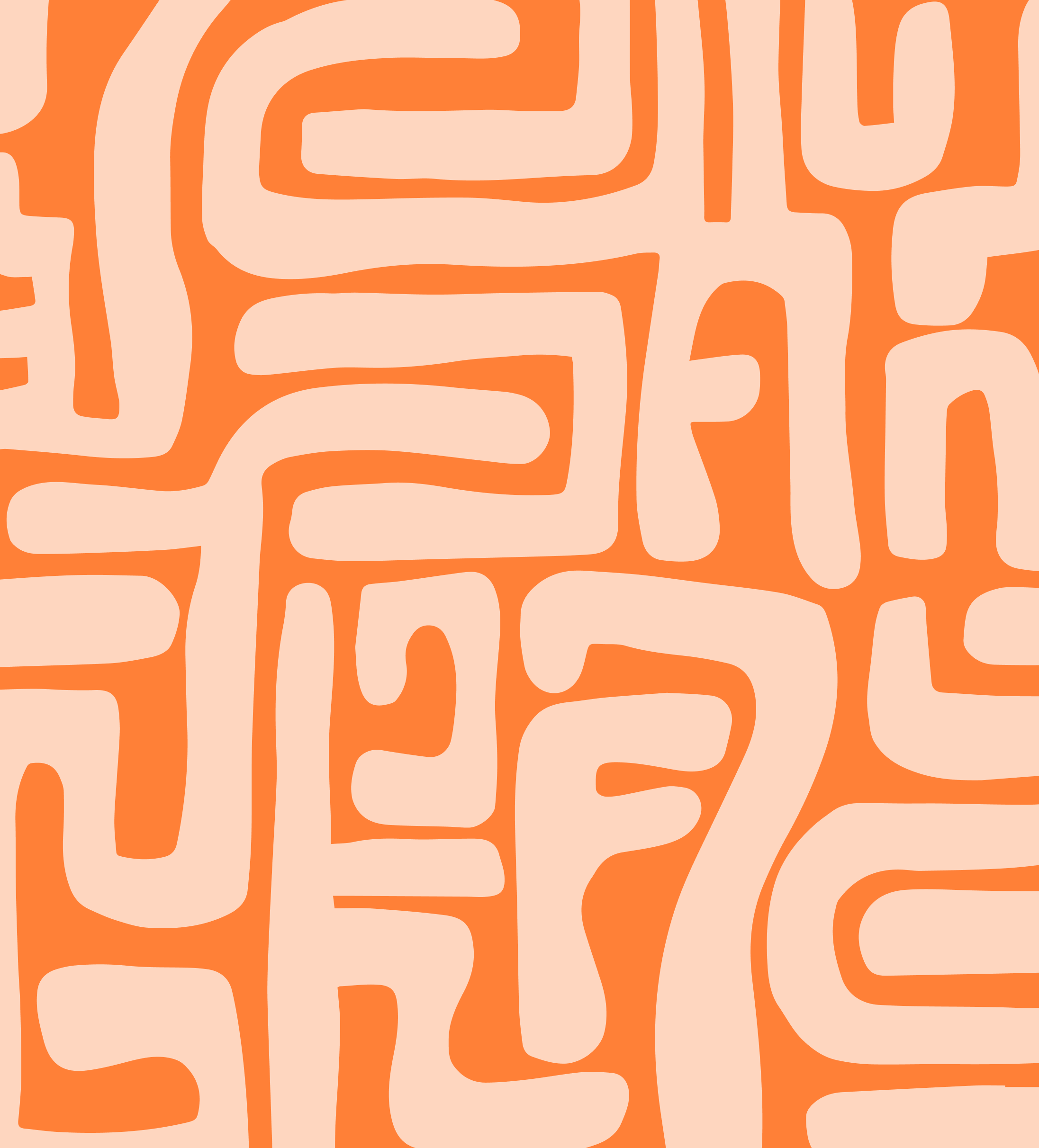 Abstract pattern with interconnected, rounded, maze-like shapes in shades of orange and peach