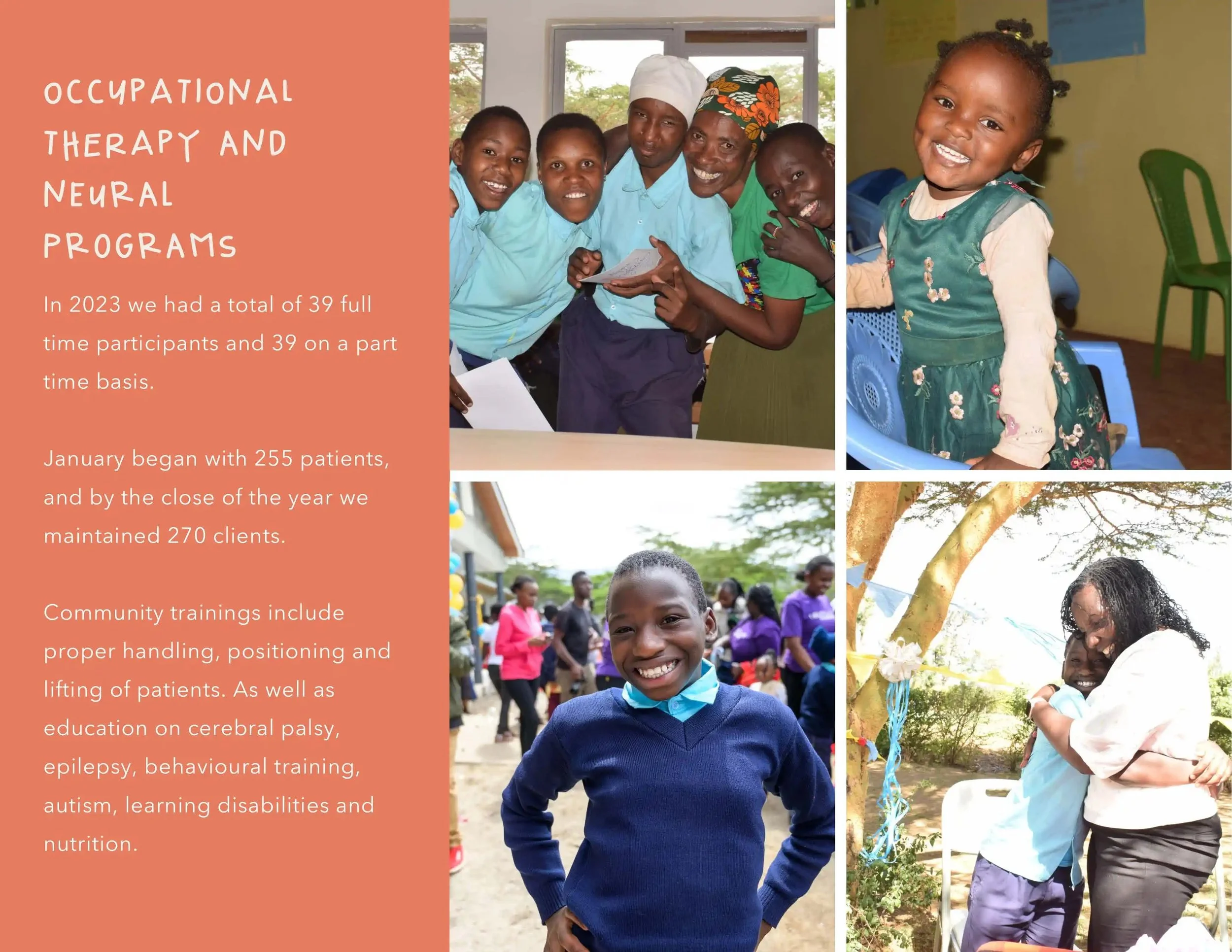 Collage of four photos with children and community training activities, alongside a block of text about occupational therapy and neural programs in 2023.