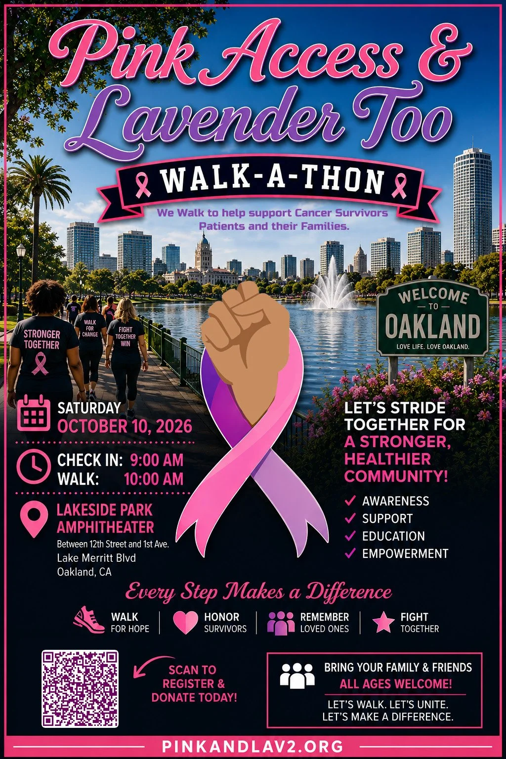 A promotional poster for the Pink Access & Lavender Too Walk-A-Thon event in Oakland, California, supporting cancer survivors. The poster features a cityscape of Oakland with a lake and fountain, people walking in pink and purple shirts, a large pink and purple ribbon with a fist symbol in the center, event details including date and location, and encouragement for community support with a QR code for registration.