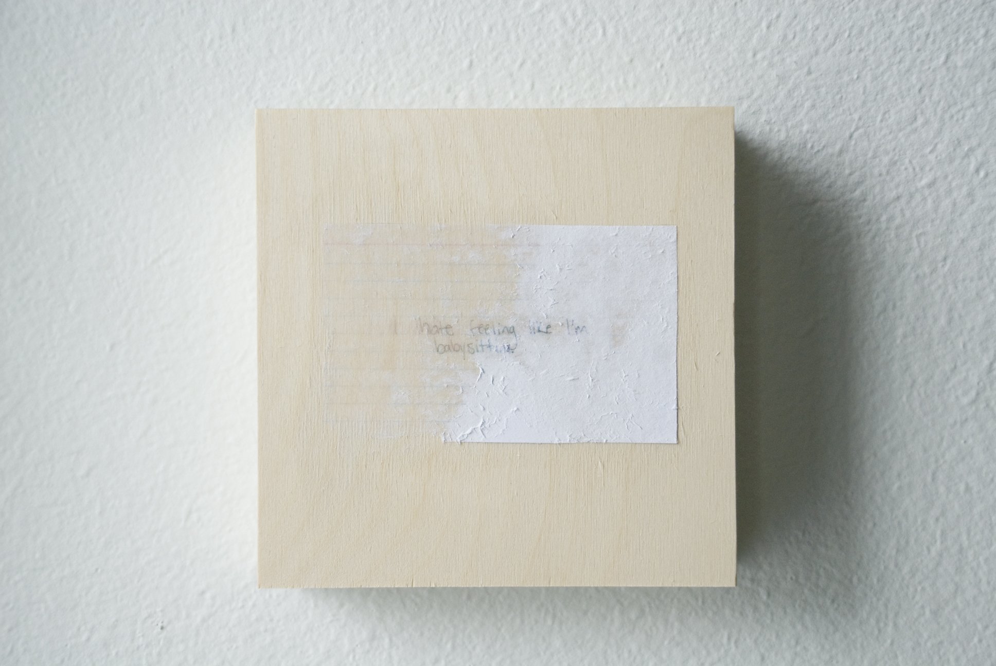 Babysitting, 6x6, index card on wooden panel