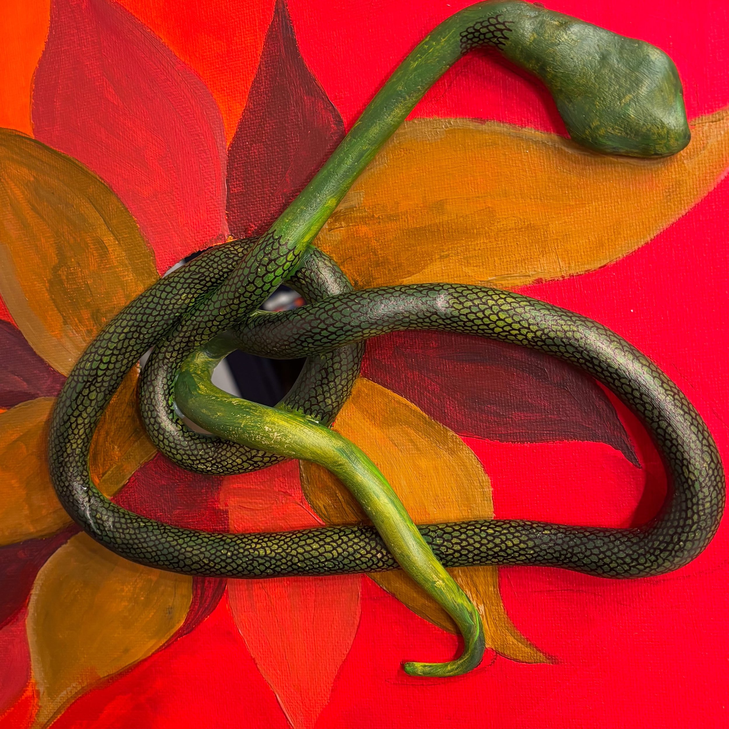 Still working on this weird thing. I don&rsquo;t really know what I&rsquo;m doing, but I definitely regret hand drawing scales in this snake 😅. The under painting is still super rough too, but I&rsquo;m enjoying playing around. 
.
.
.
#wipart #paint