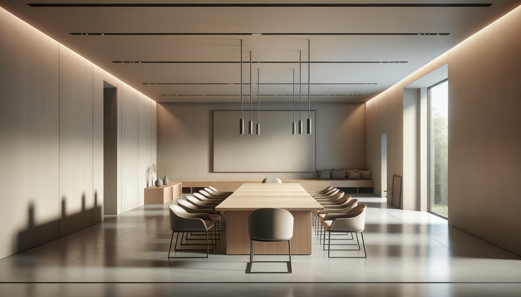 Sala de reuniones moderna con mesa de madera y sillas blancas, iluminación suave y paredes de tonos neutros, ventana grande con vista a jardín.