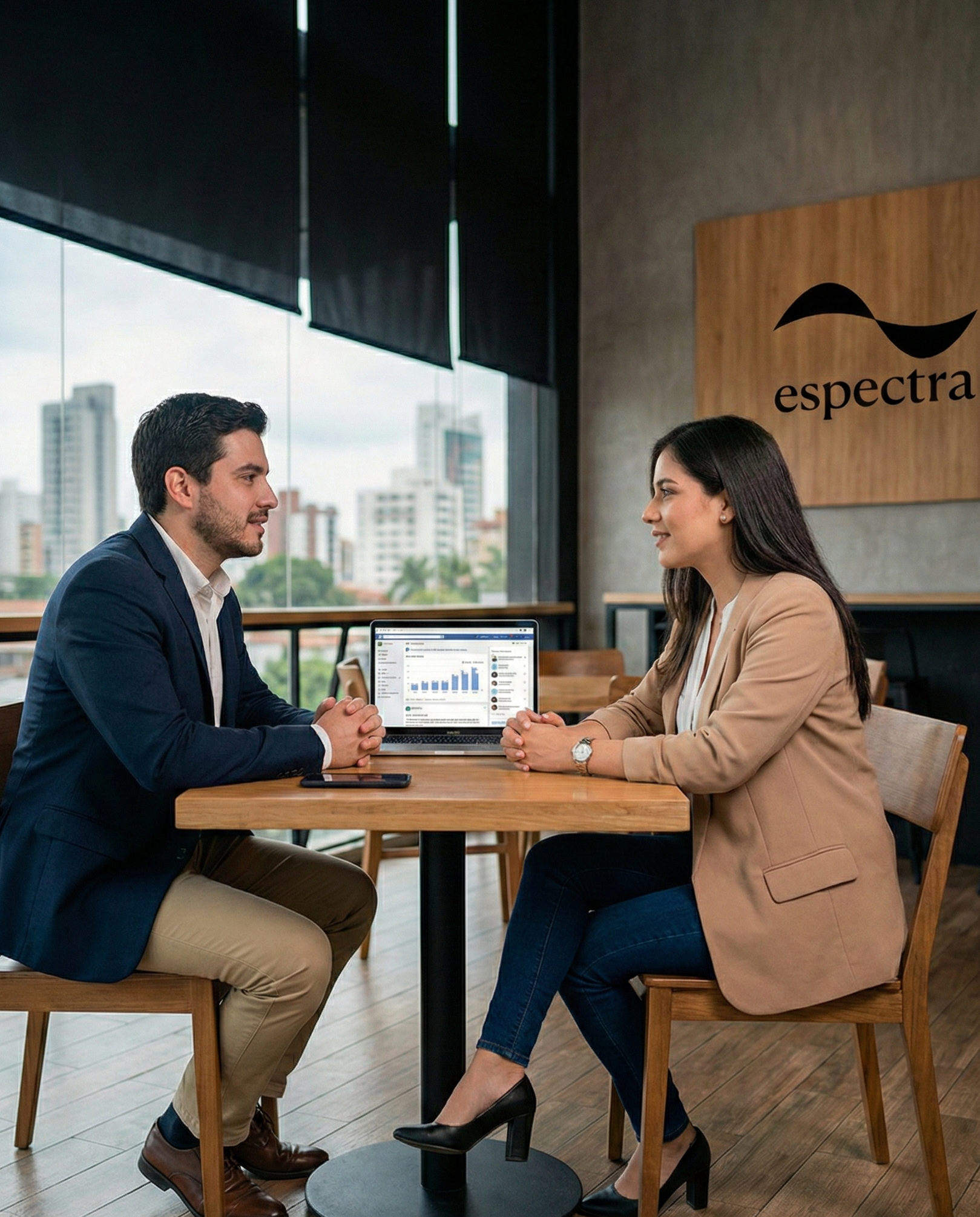 Hombre y mujer en una reunión de negocios en una cafetería, con una laptop abierta mostrando gráficos y estadísticas.