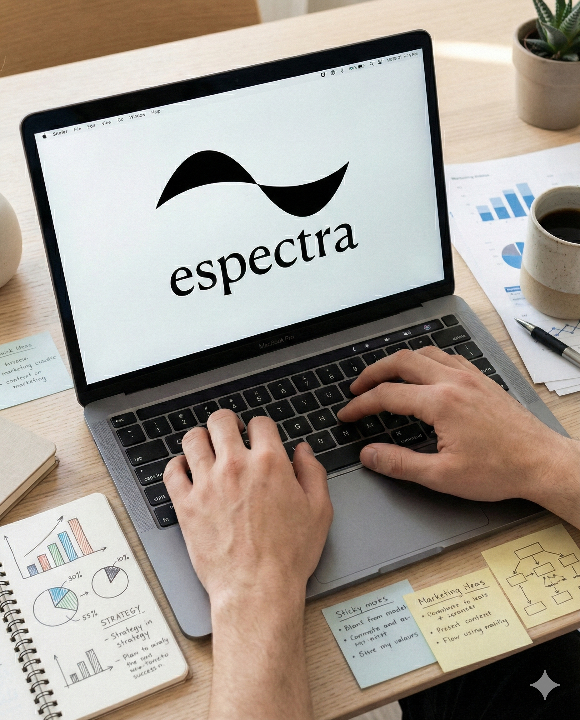 persona trabajando en una laptop con el logotipo de espectra en la pantalla, rodeada de notas adhesivas, gráficas y tazas de café en un escritorio de oficina.