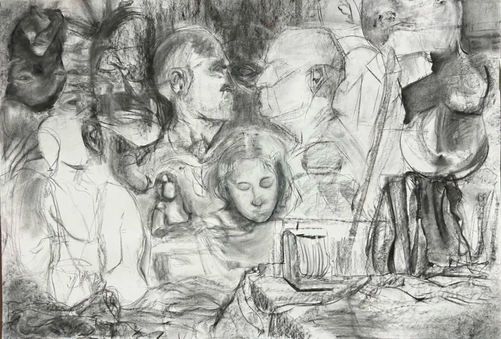 figuring abstraction (2026),  22' x 30'. charcoal, water-soluble graphite, graphite powder, conte crayon, chalk pastel.