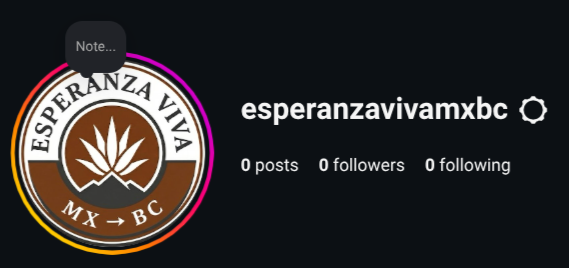 Instagram profile for esperanza vivamxbc with logo featuring a book and plant, no posts or followers.