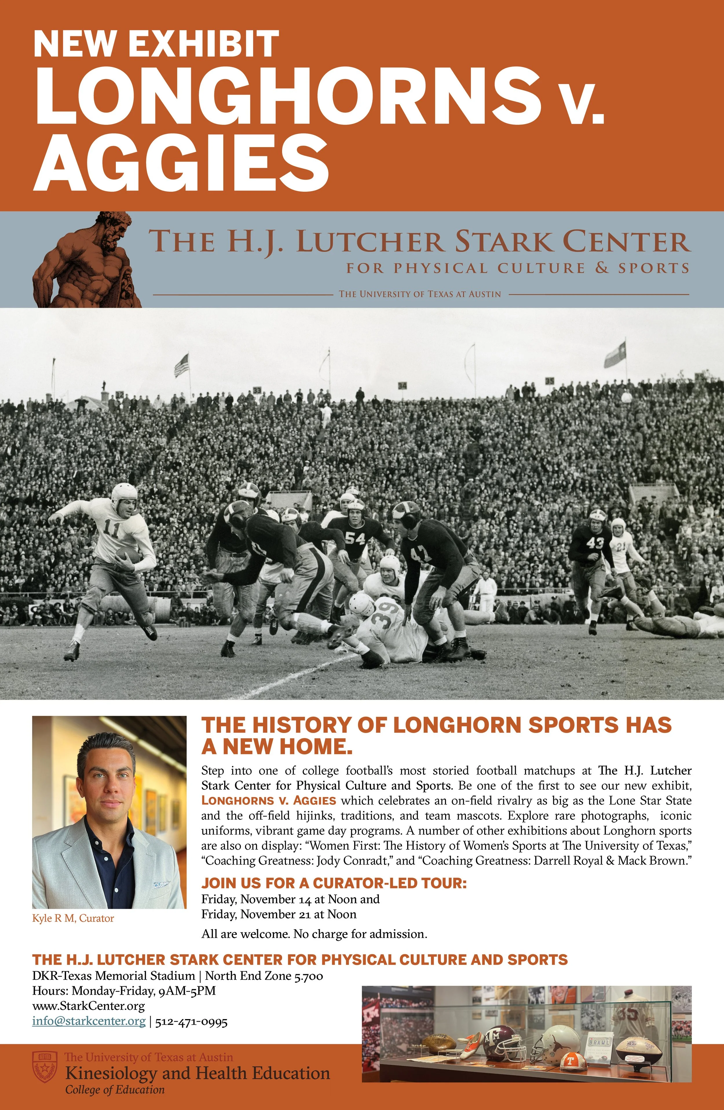 Flyer promoting the new exhibit 'Longhorns v. Aggies' at the H.J. Lutcher Stark Center for Physical Culture & Sports, featuring a black-and-white photo of a football game in a packed stadium and a smaller photo of sports memorabilia display.