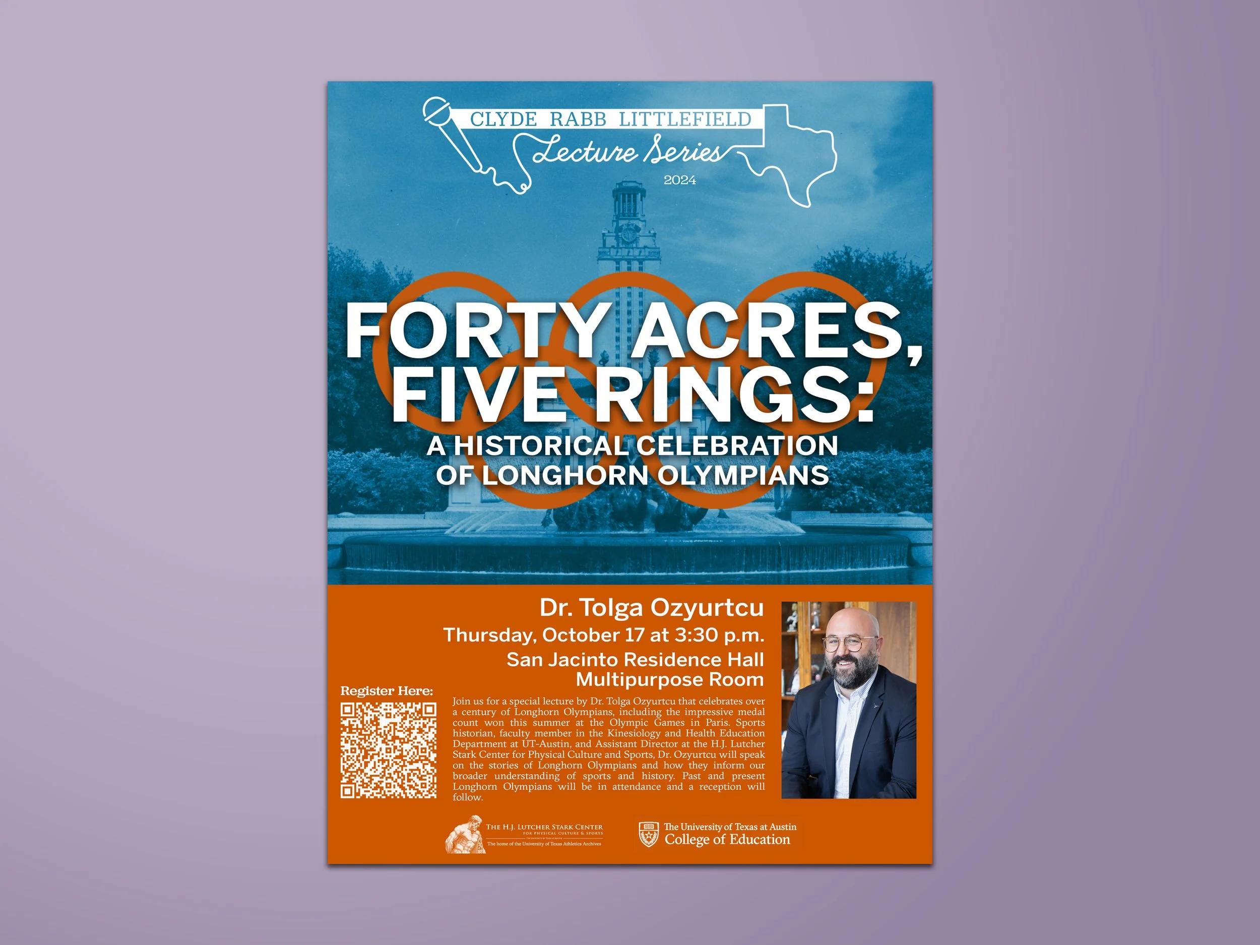 Poster for a lecture by Dr. Tolga Ozyurtcu, scheduled for Thursday, October 17 at 3:30 p.m. at San Jacinto Residence Hall, Multipurpose Room. The poster is divided into two sections: the top part has a blue background with white text; the center feat