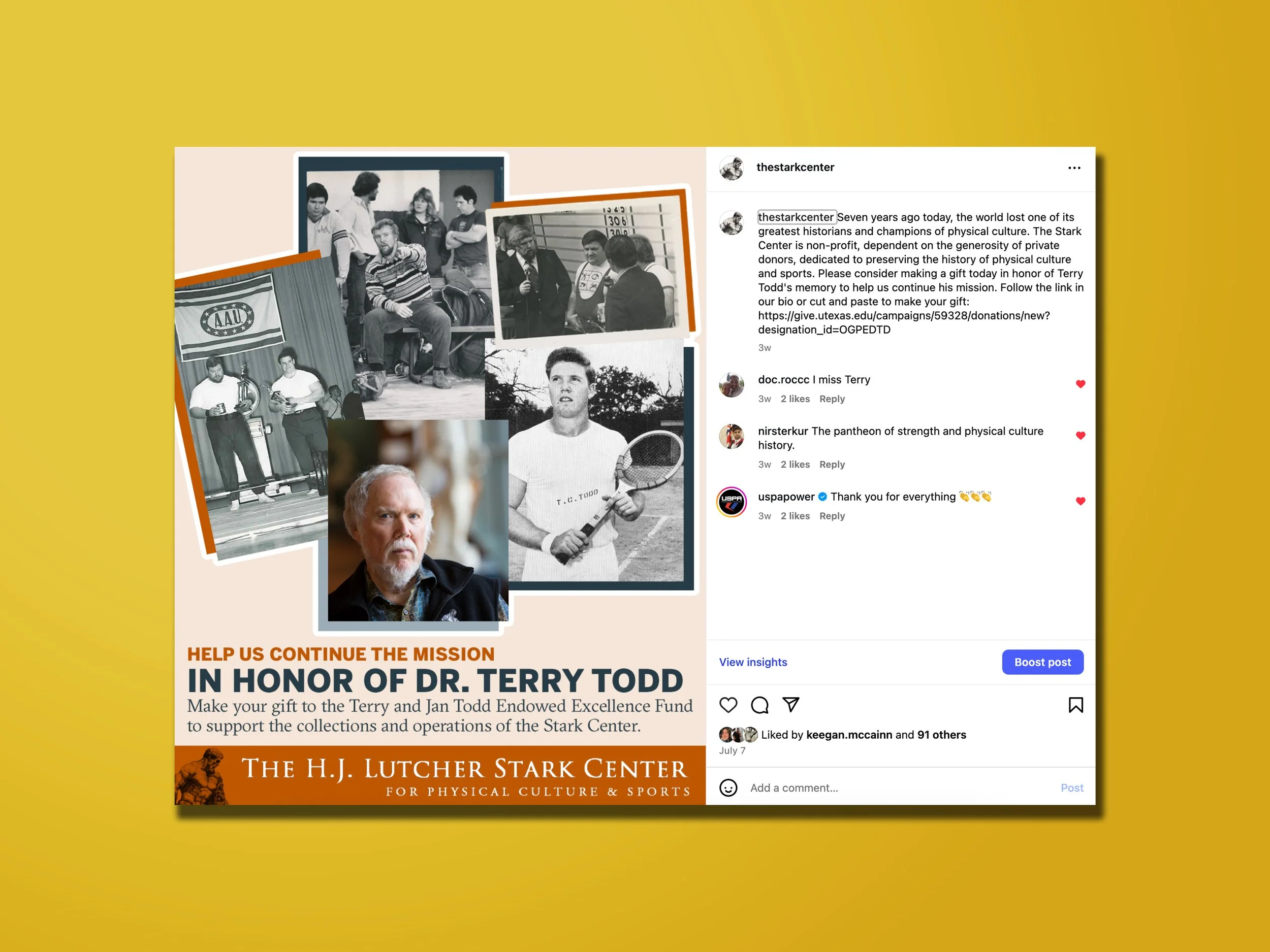 A collage of black and white and color photographs of Terry Todd, some with people surrounding him, on a social media post supporting an endowment fund in his honor. Text urges donations to the Stark Center for physical culture and sports.