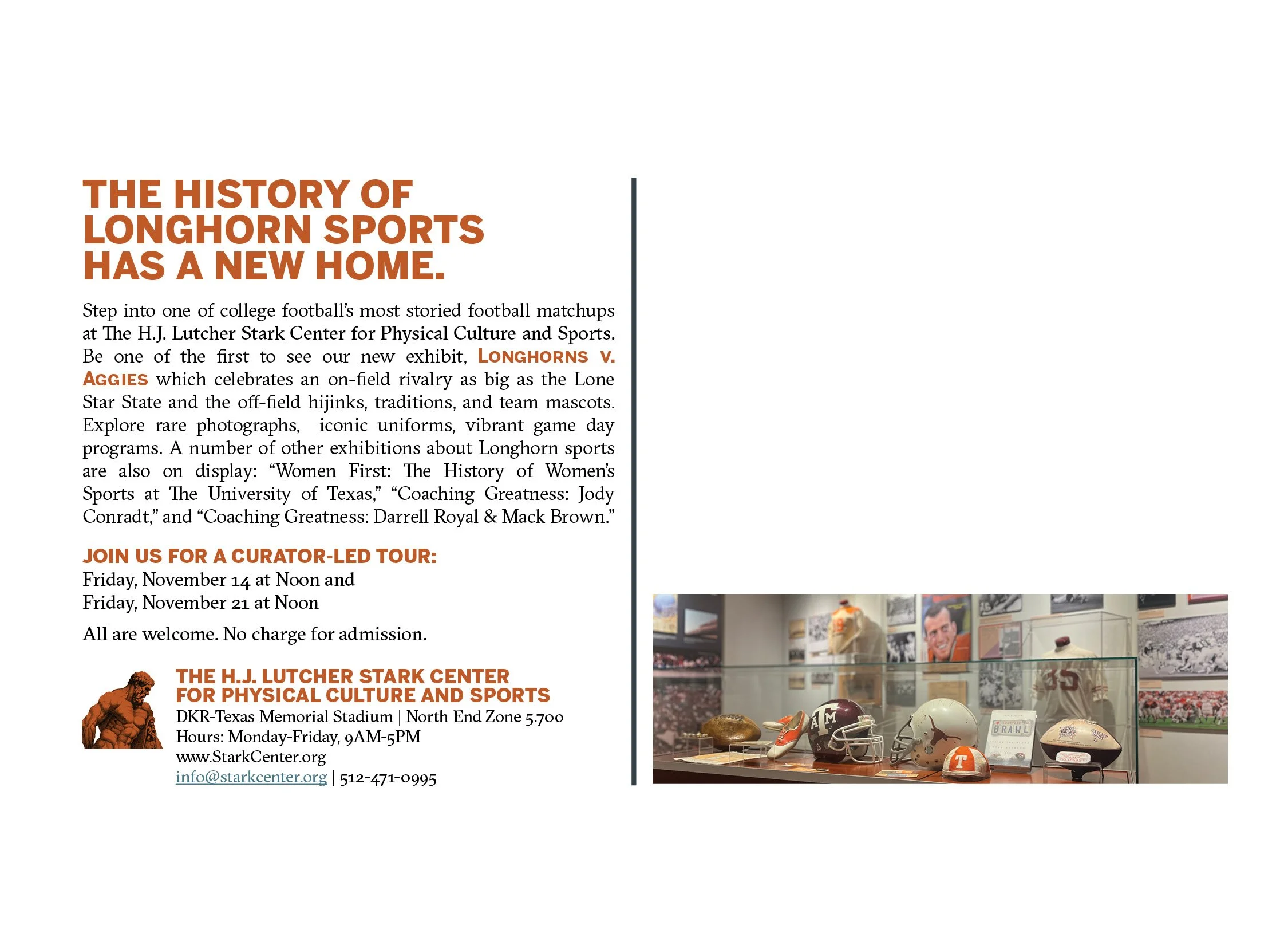 Promotional flyer for an exhibit about Longhorn sports at the H.J. Luther Stark Center, featuring text about the exhibit, dates, and location, accompanied by a photo display of sports memorabilia and historic photographs.