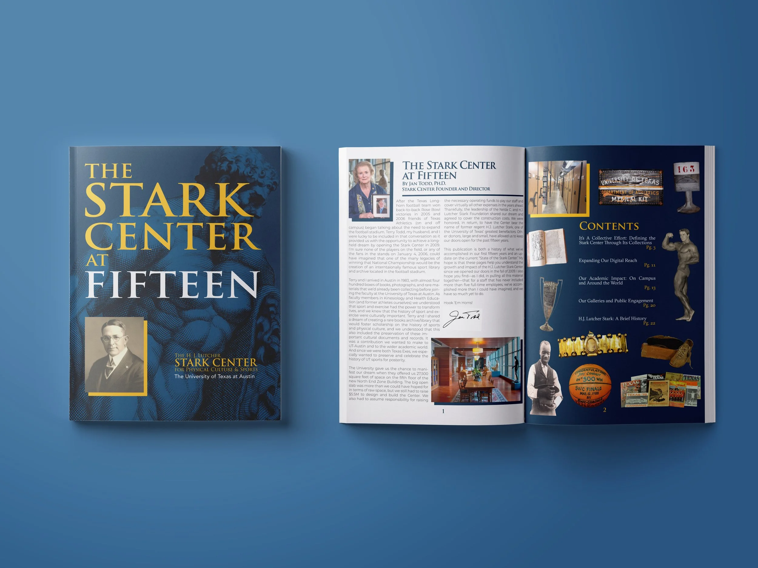 Image of 'The Stark Center at Fifteen' with the cover on the left and an open spread on the right. The cover features a blue background with a statue or sculpture image and a black-and-white photograph of a man, along with the text 'The E.J. Lutcher Stark Center for Physical Culture & Sports' and an author photo. The open pages contain text, photos, and various memorabilia, including a statue, a basketball, a certificate, and newspaper clippings related to the Stark Center.
