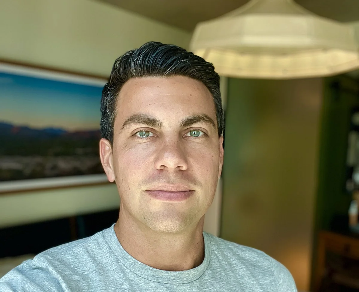 Close-up of a man with dark hair and blue eyes smiling softly, wearing a light gray t-shirt, in a room with a green wall, a large framed landscape photograph, and a modern pendant lamp.