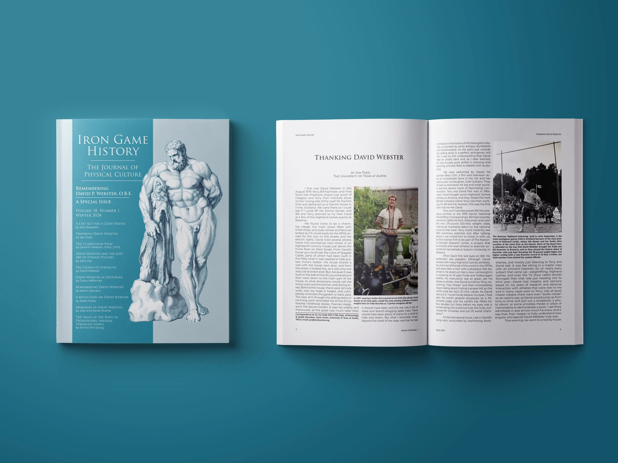Open academic journal titled 'Iron Game History' with a blue cover featuring a classical sculpture of a muscular man. The interior shot of the publication contains an article titled 'Thanking David Webster' with photos of a man outdoors.
