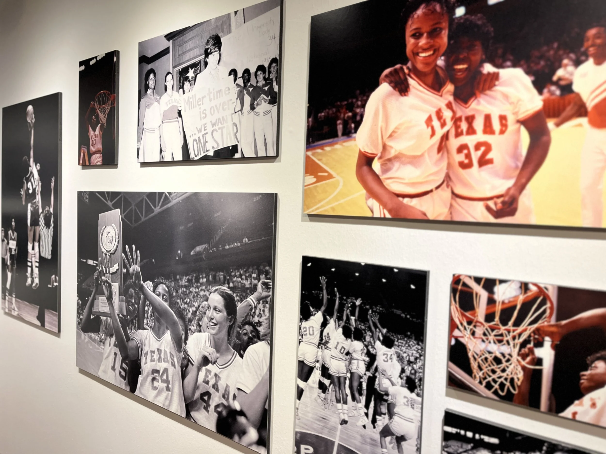 Gallery of sports photographs, including basketball players, team celebrations, and smiling female athletes in vintage Texas uniforms.