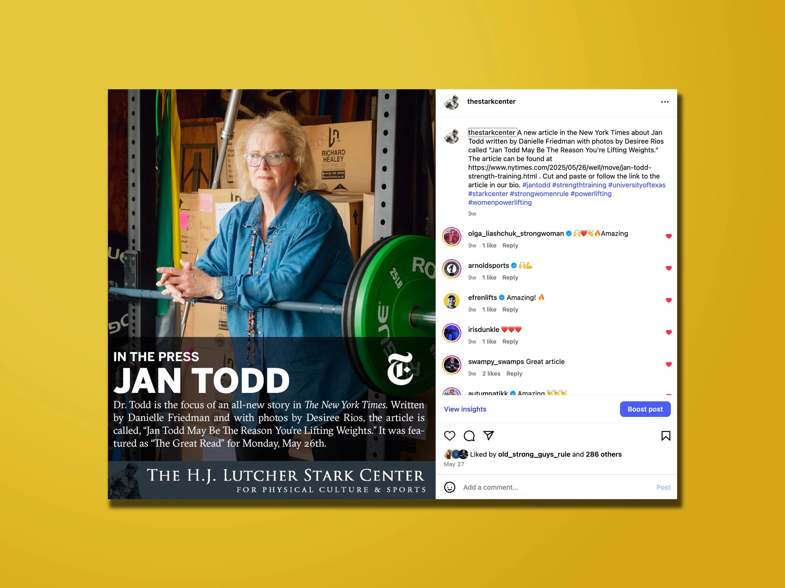 A woman with blonde hair, glasses, and a denim shirt standing in a gym surrounded by weights and boxes, in front of a yellow background.