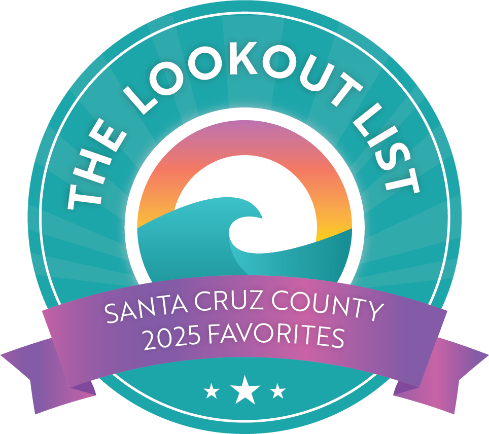 Badge for the look out list featuring a sunset and ocean wave, with purple ribbon reading 'Santa Cruz County 2025 Favorites'.